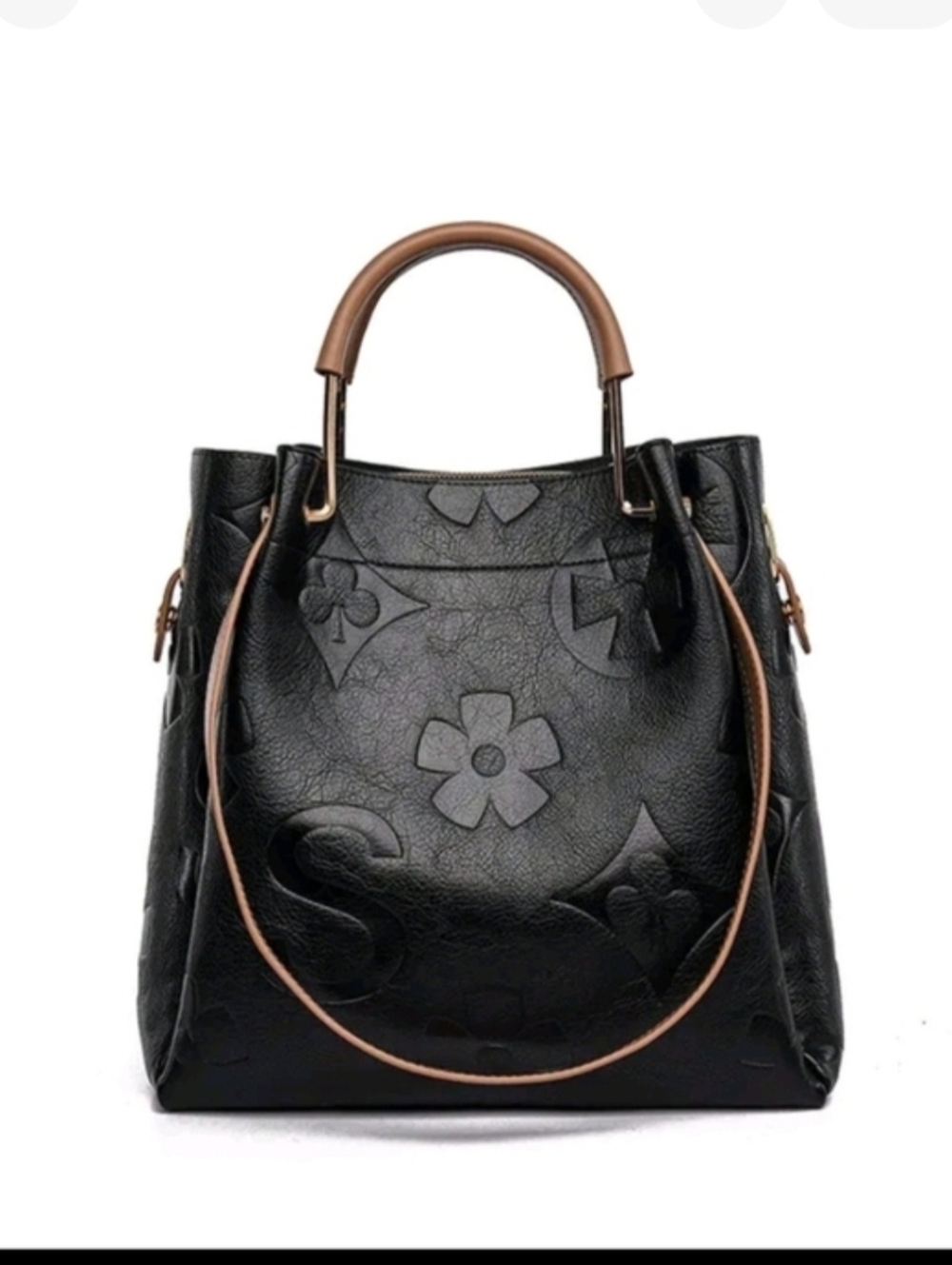 Hottest Black Embossed Floral Leather Tote with Brown Handles